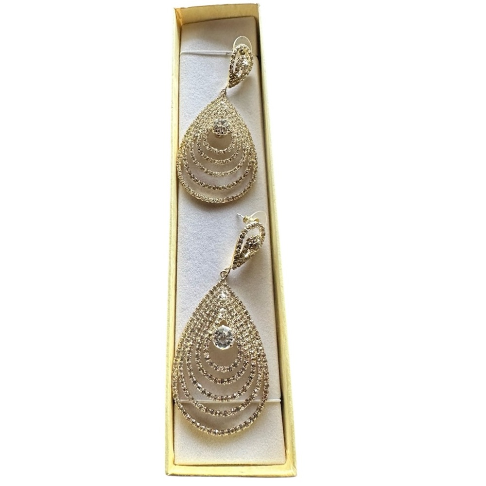Gold Rhinestone Teardrop Earrings Marylin Monroe Bridal Pageant Prom Statement - Picture 4 of 7